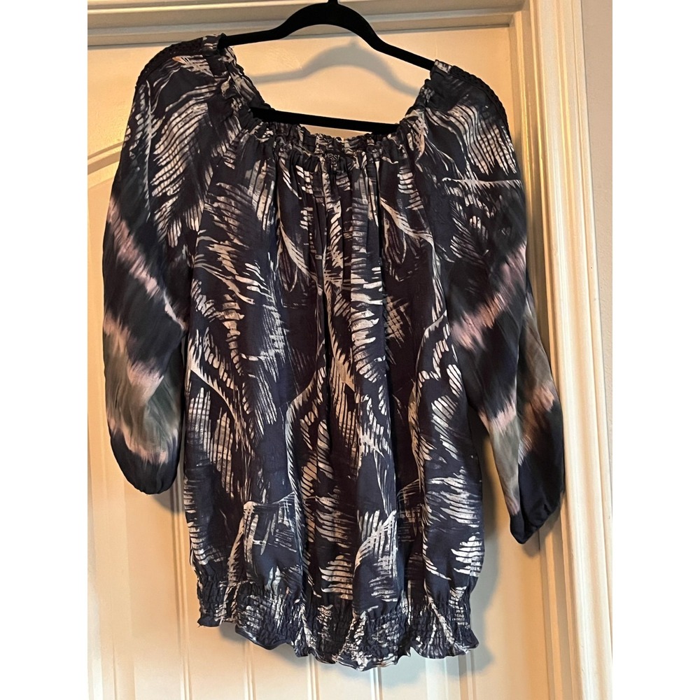 Yest Blouse Womens 10 Black Abstract Off Shoulder Smocked Boho Balloon Sleeve